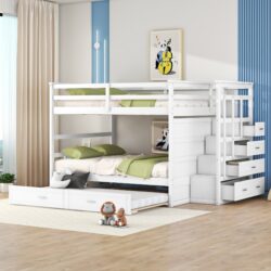 Full Over Full Bunk Bed With Twin Size Trundle And Staircase - White