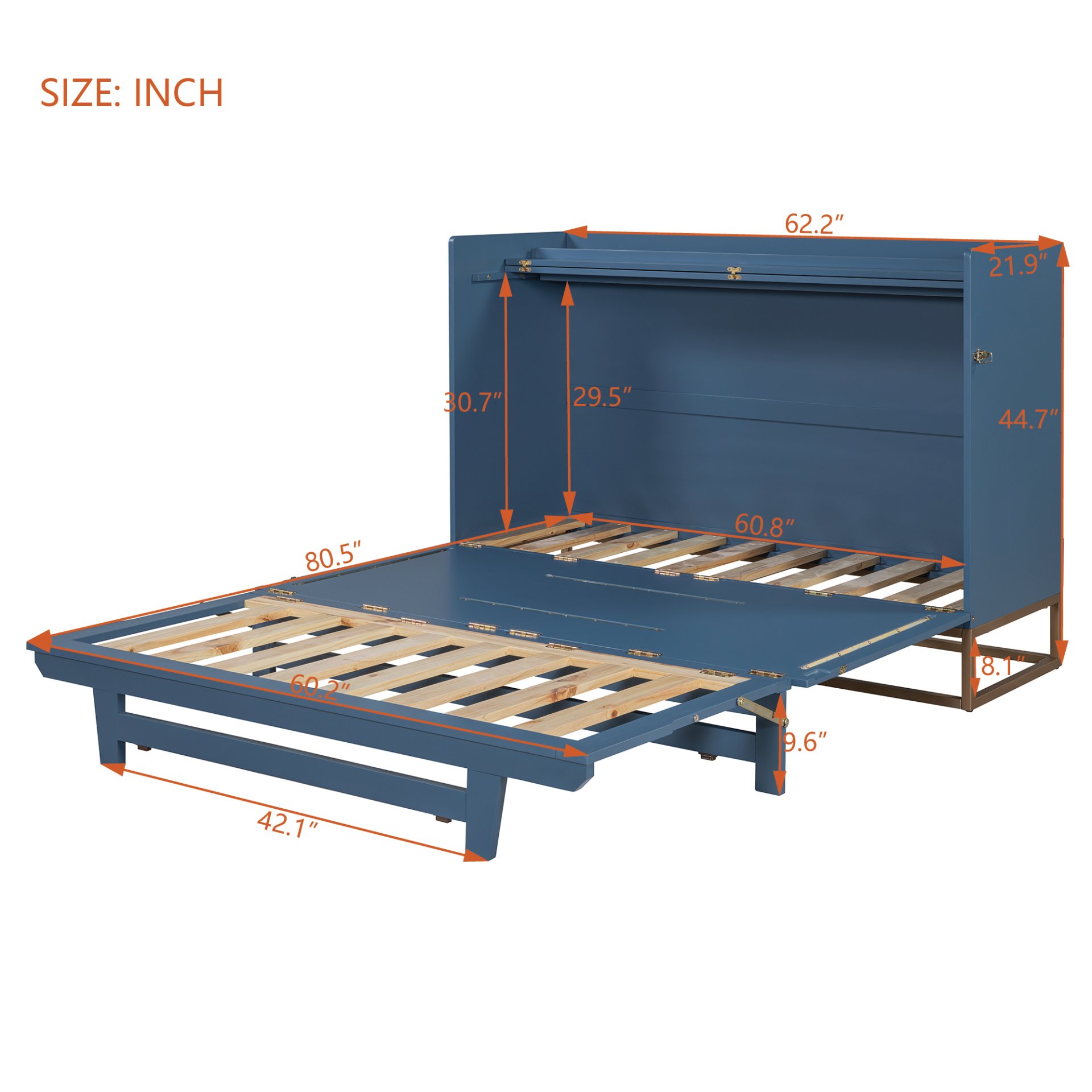 Queen Size Murphy Bed With Iron Legs, Modern Design - Blue - Image 21