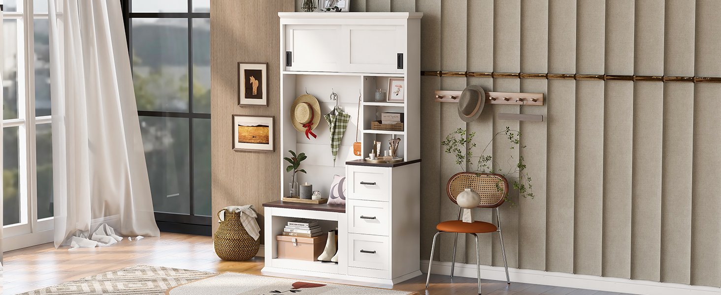 Modern Entryway Bench With Coat Rack, 3 Shelves And Drawers, 3 Sturdy Hooks, Wide Hall Tree With Storage Bench For Hallway - White - Image 5