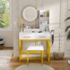 Modern Makeup Vanity Table With LED Lights, Power Outlet, And Metal Chair - White - Image 4