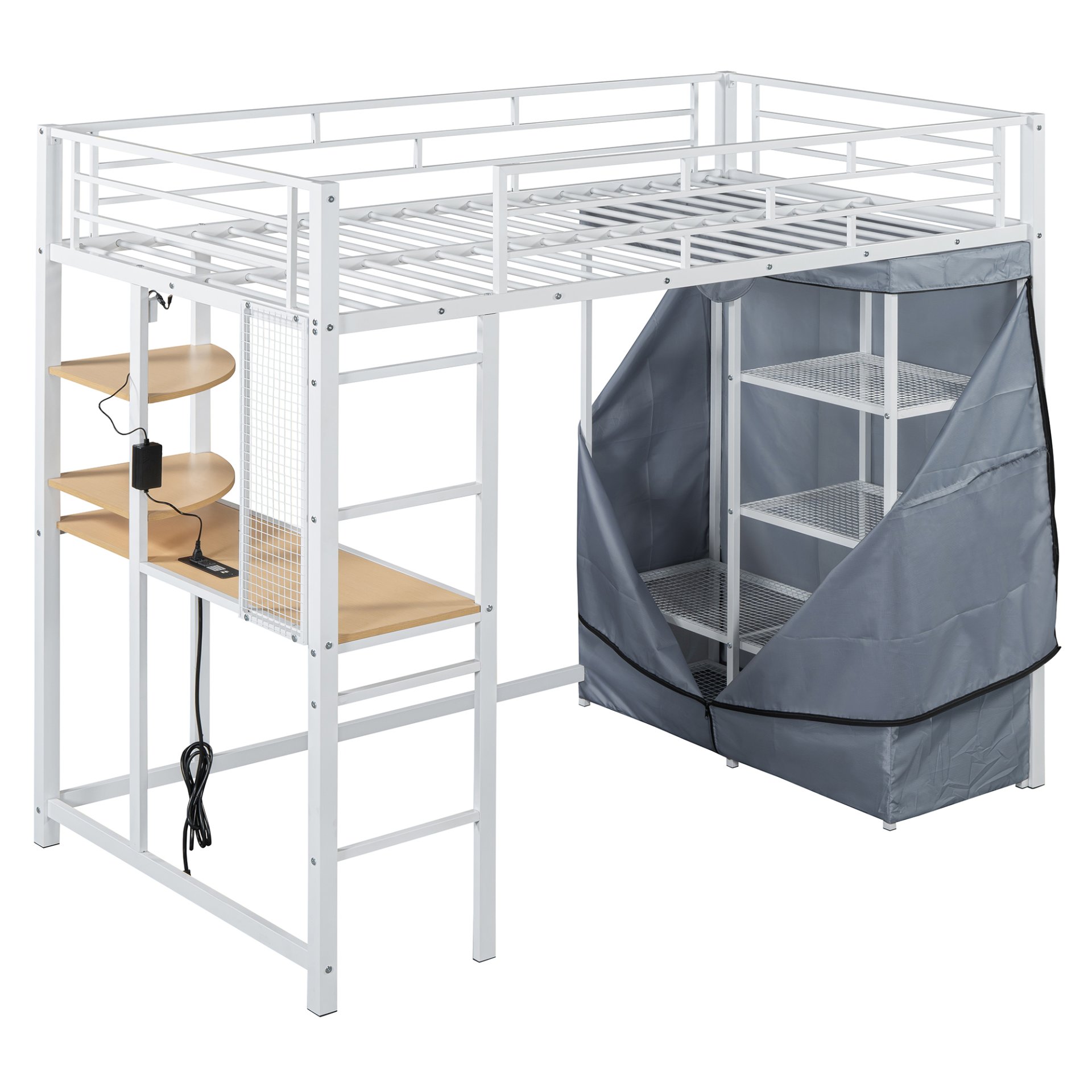 Twin Size Loft Bed With Desk, Shelves, Power Outlet, LED Light And Wardrobe - White - Image 4