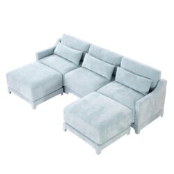 Elegant 3 Seater Sofa With Ottomans And Lumbar Pillow High Resilience Sponge Wooden Base - Sky Blue