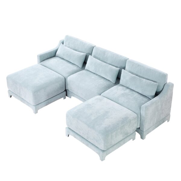 Elegant 3 Seater Sofa With Ottomans And Lumbar Pillow High Resilience Sponge Wooden Base - Sky Blue