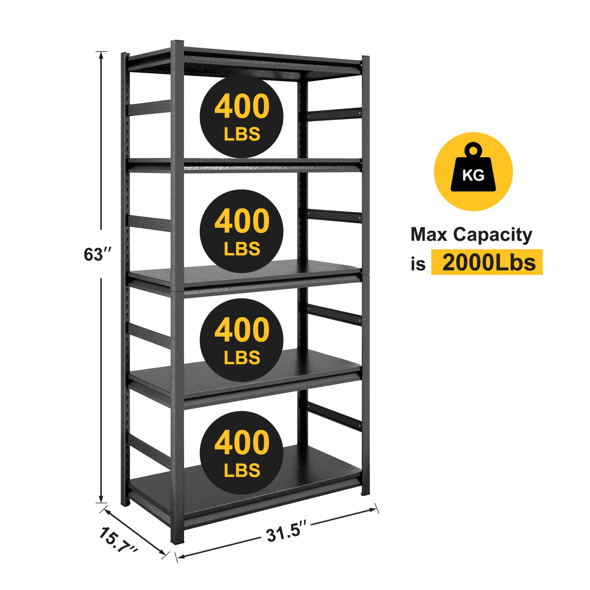 Adjustable Heavy Duty Shelving 5 Tier Storage Shelves, 2000Lbs Load, Kitchen, Garage - Black - Image 15