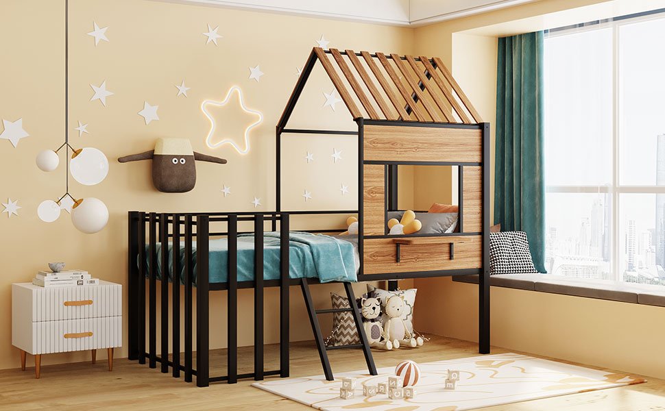 Twin Size Loft Bed With Roof, Window, Guardrail, Ladder - Black - Image 15