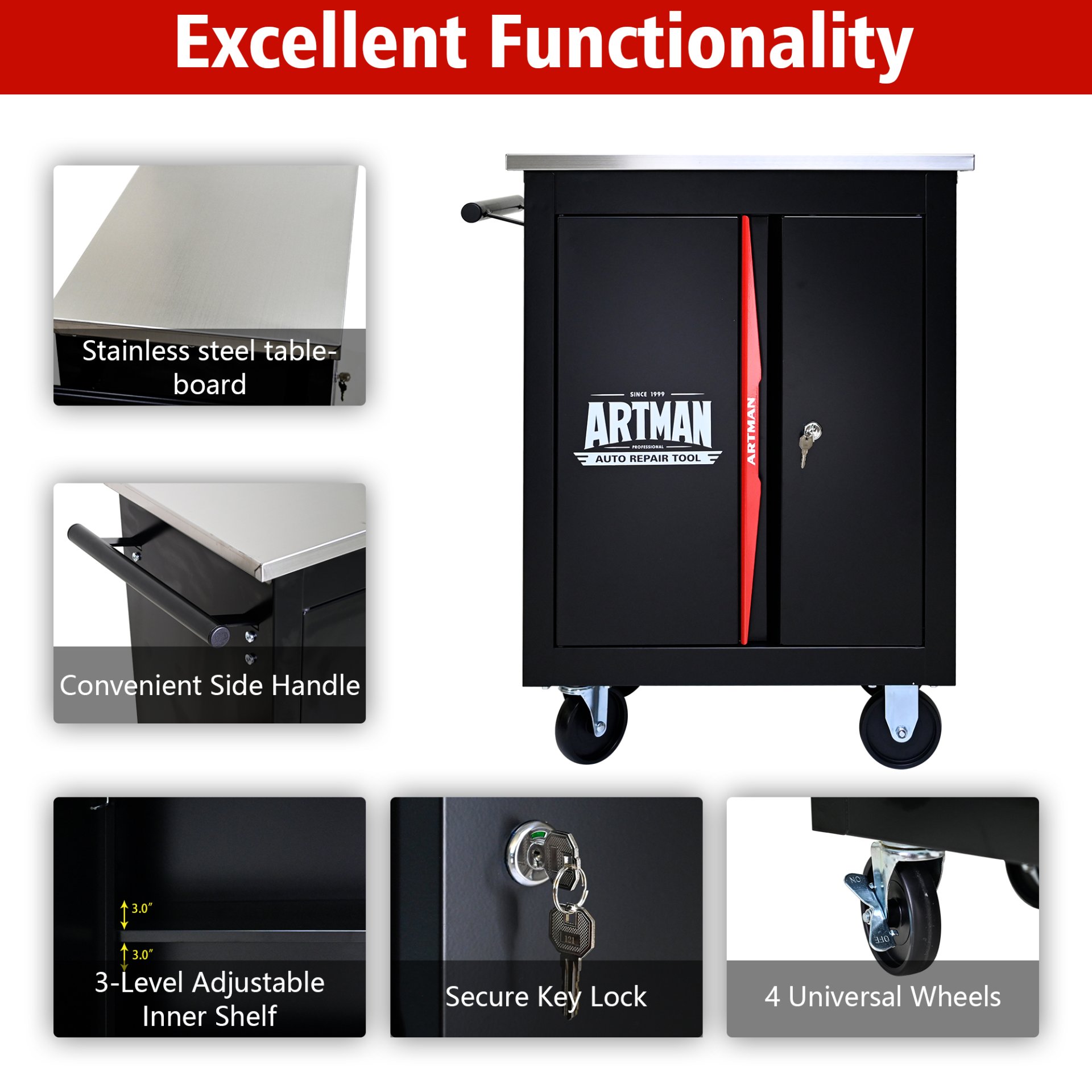 Double Door Clapboardl Multi Function Tool Cart - Black / Red - Image 4