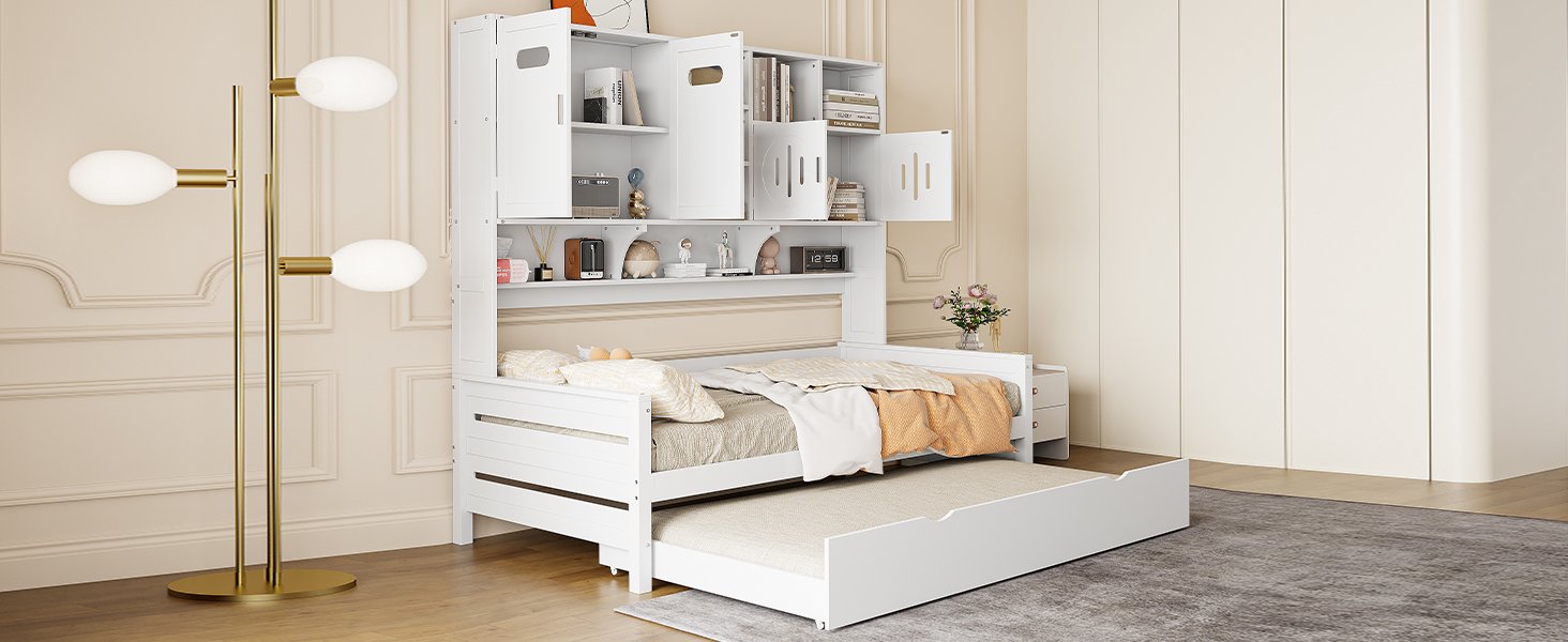 Twin Size Wooden Daybed With Twin Size Trundle, And All In One Cabinet And Shelf - White - Image 19