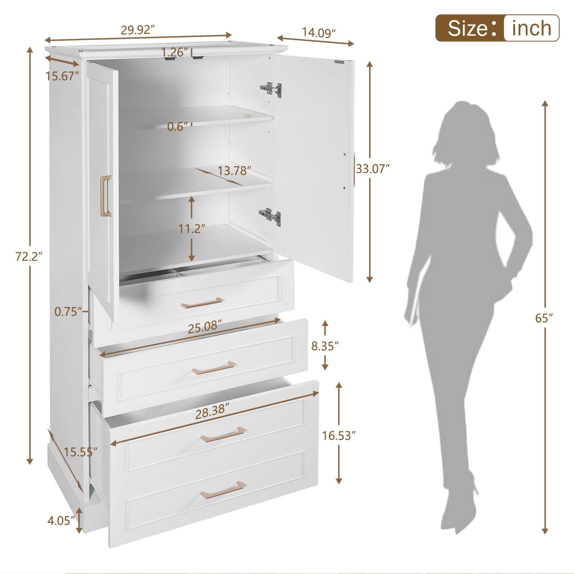 Bathroom Cabinet With 3 Drawers, Adjustable Shelf, Panels, Steel Handles, Soft Close Doors - White - Image 3