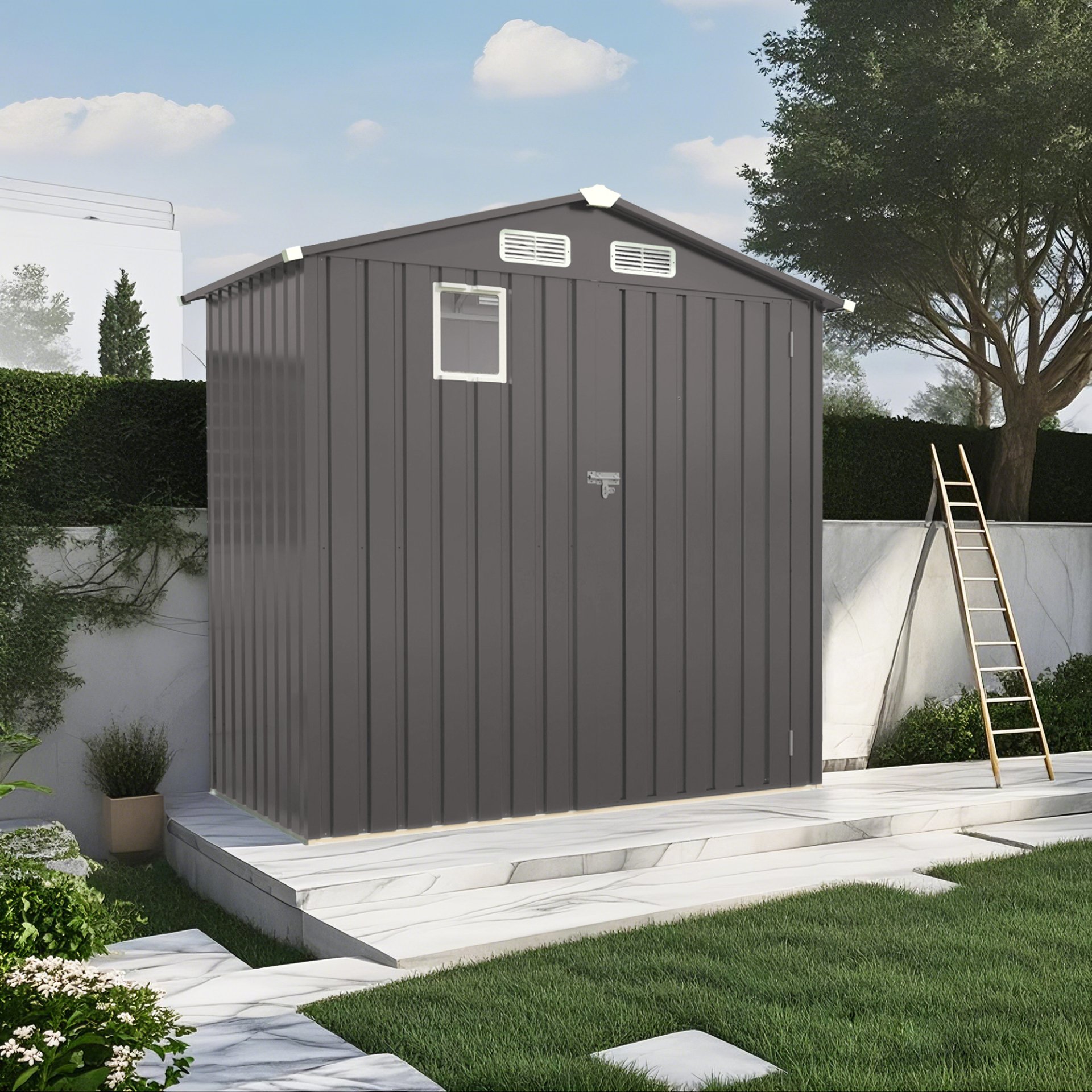 Compact Outdoor Storage Shed With Peaked Roof And Lockable Door - Gray - Image 2
