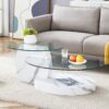 Modern Marble Pattern Coffee Table Versatile Design, Tempered Glass, Oval Countertop - Transparent / White - Image 4