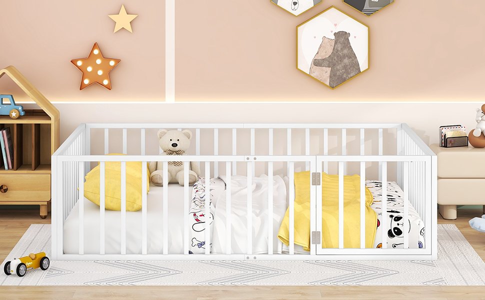 Queen Size Floor Bed Frame With Fence And Door - White - Image 13