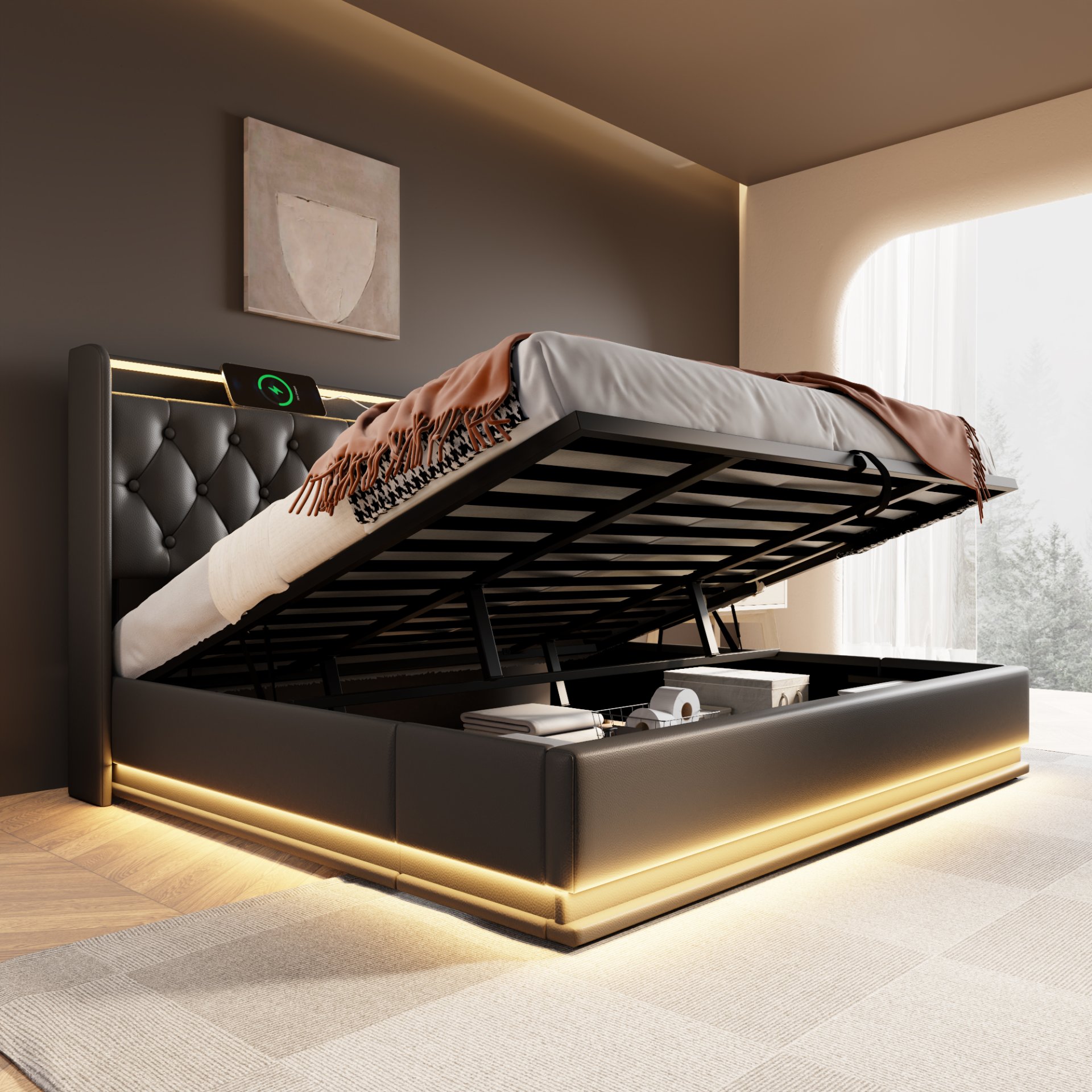 King Size Upholstered Bed, 360 Surround LED Function, Buttons / Apps / Remote Control, Hydraulic Storage Bed With USB Type-C Charging (Without Mattress) - Black - Image 3