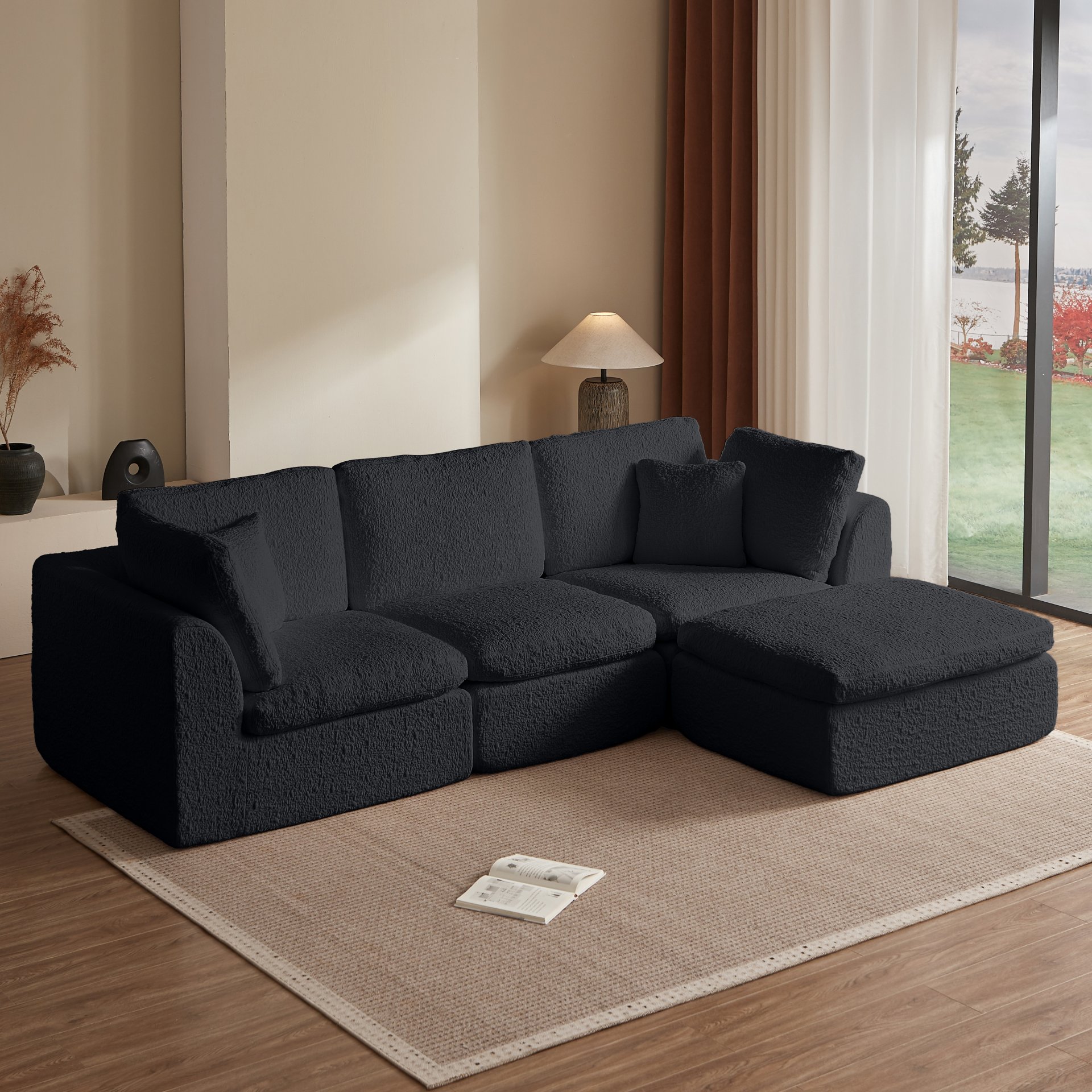 Cloud L Shape Modular Sectional Sofa With Ottoman, 3 Seater Convertible Couch - Black - Image 2