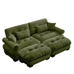 Modern Over Size 2 Seater Sofa With Ottoman Round Bolster Armrests Waist & Throw Pillows - Olive Green