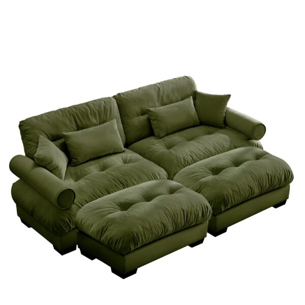 Modern Over Size Velvet 2 Seater Sofa With Ottoman Round Bolster Armrests Waist & Throw Pillows - Olive Green