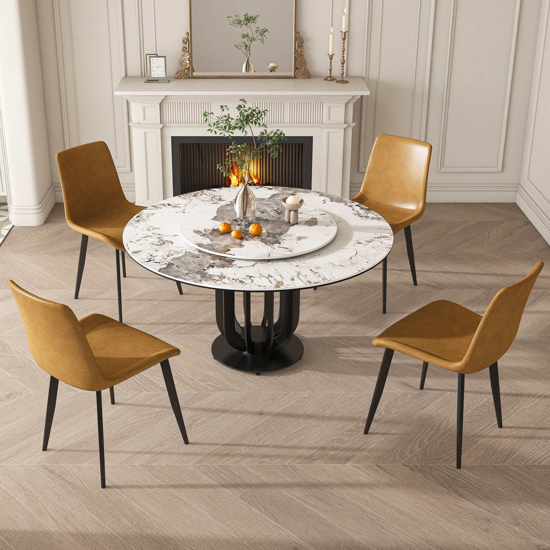 Round Dining Table With Carbon Steel Base And Lazy Susan Industrial Style - Black / White - Image 11