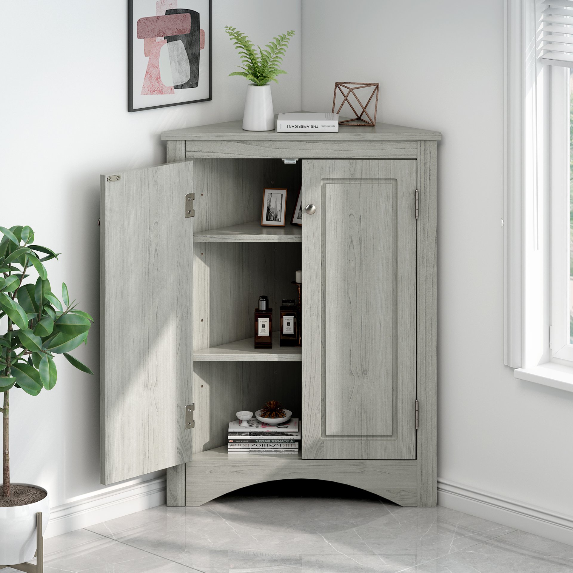 Triangle Bathroom Storage Cabinet With Adjustable Shelves, Freestanding Floor Cabinet For Home Kitchen - Oak - Image 6