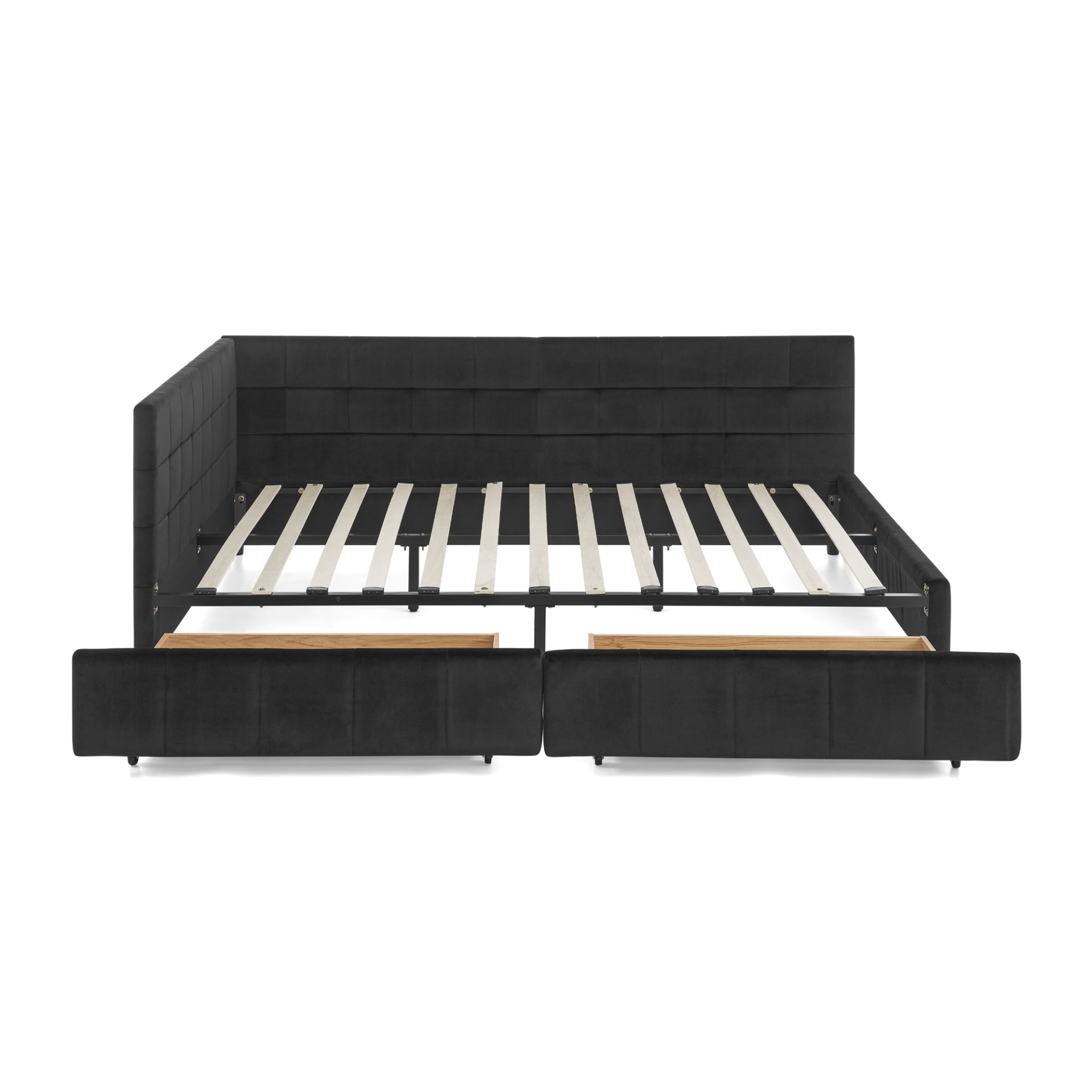 Mid Century Queen Size Storage Upholstered Tufted Bed Frame With Backrest And Armrests Velvet - Black - Image 9