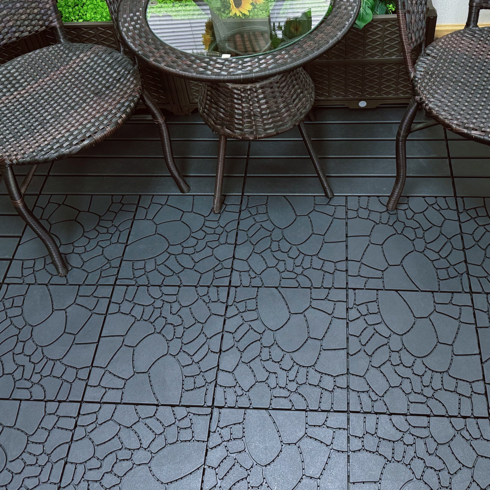 Stone Texture 12" Patio Deck Tiles, Diy - Module Interlocking Decking Floor Tiles, Polypropylene, 12" - Dark Gray - Image 2