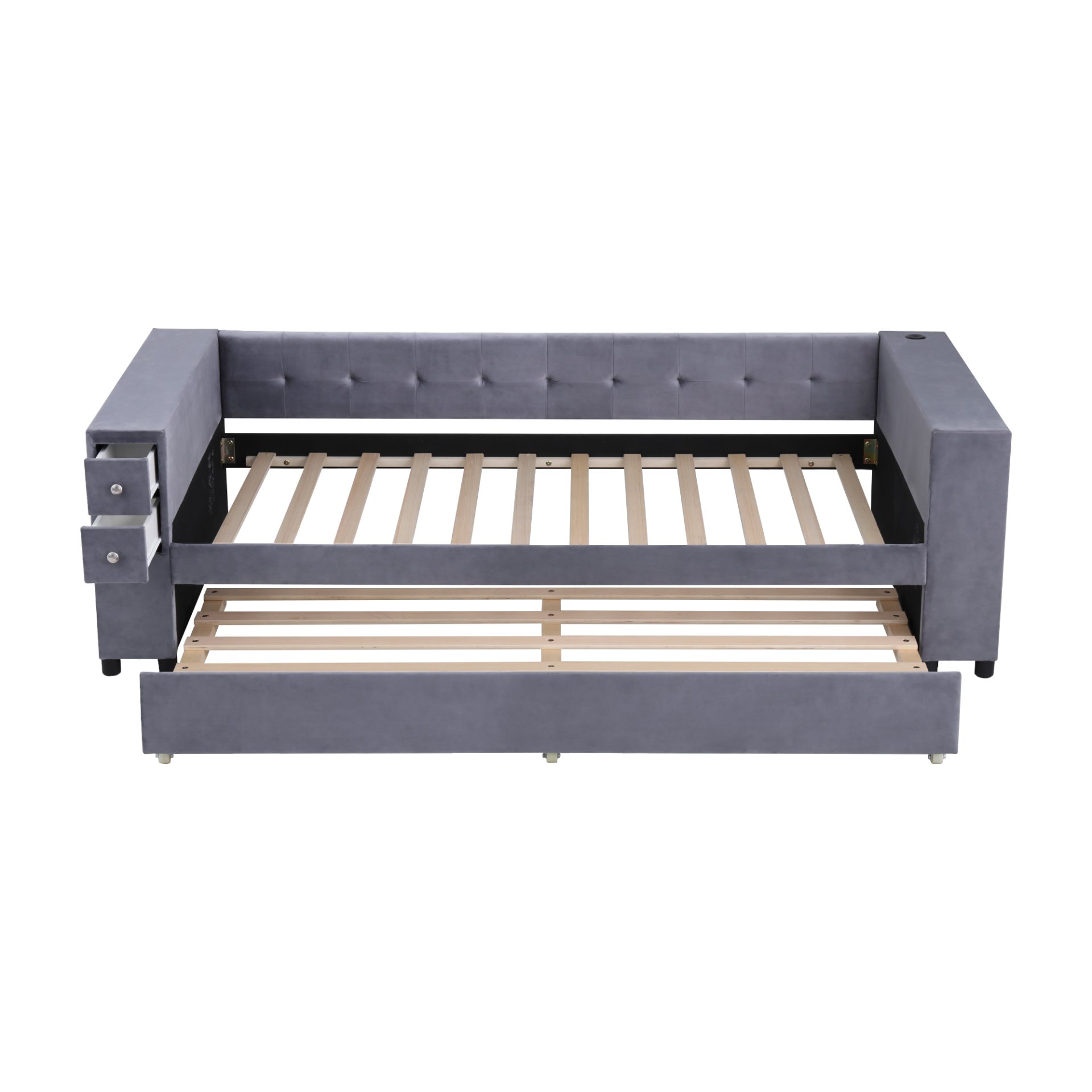 Twin Upholstered Bed With Storage And Twin Trundle, USB Charging Ports - Gray - Image 7