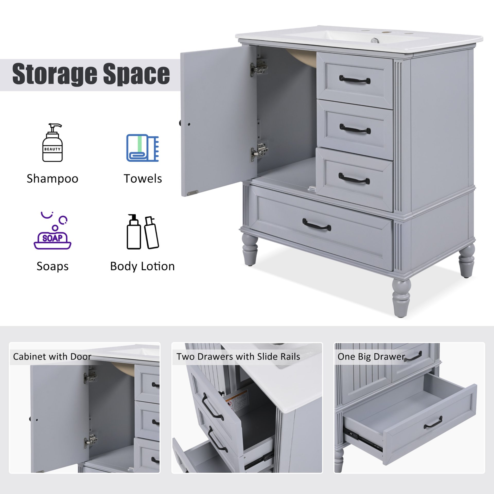 30" Bathroom Vanity With Sink, Bathroom Cabinet With A Door, 3 Drawers Legs, Adiustable Foot Pads - Gray - Image 6