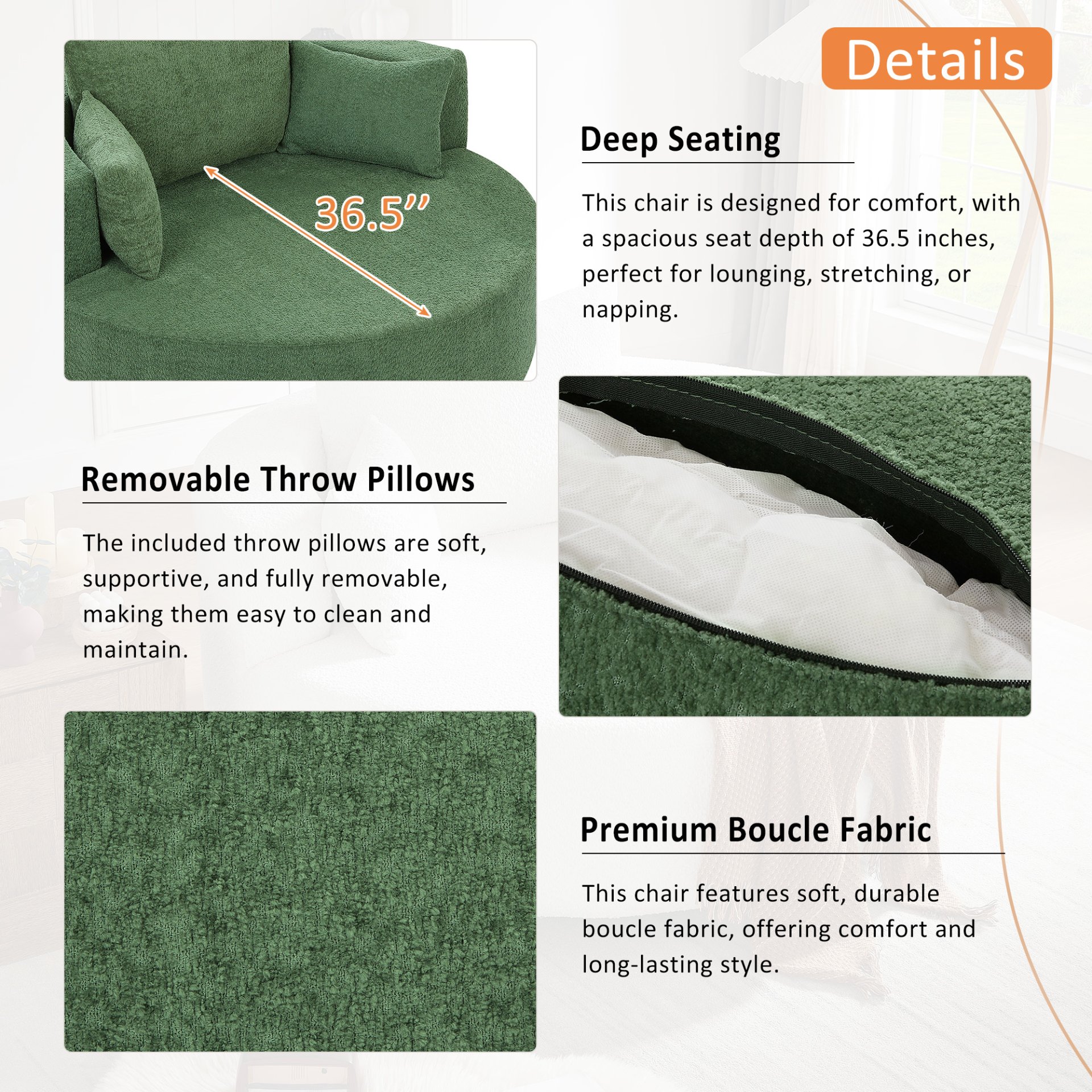 360° Swivel Chair Accent Barrel Chair Swivel Round Sofa Chair With 3 Removable Pillows For Living Room, Office And Hotel - Green - Image 6