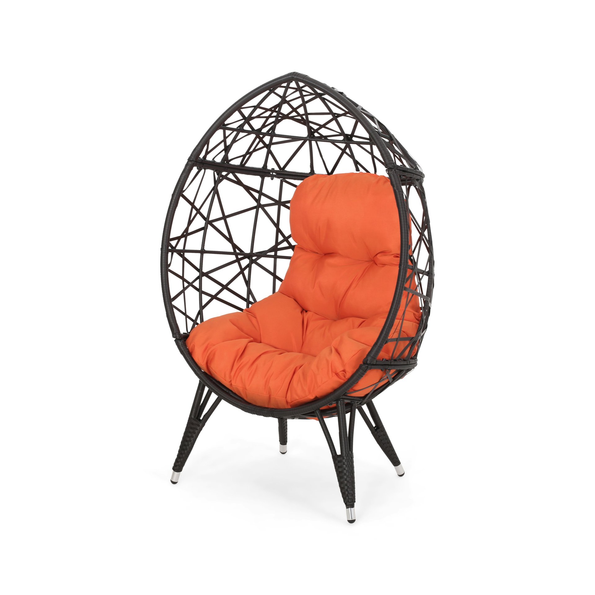 Outdoor Wicker Teardrop Chair With Cushion - Orange / Brown - Image 6