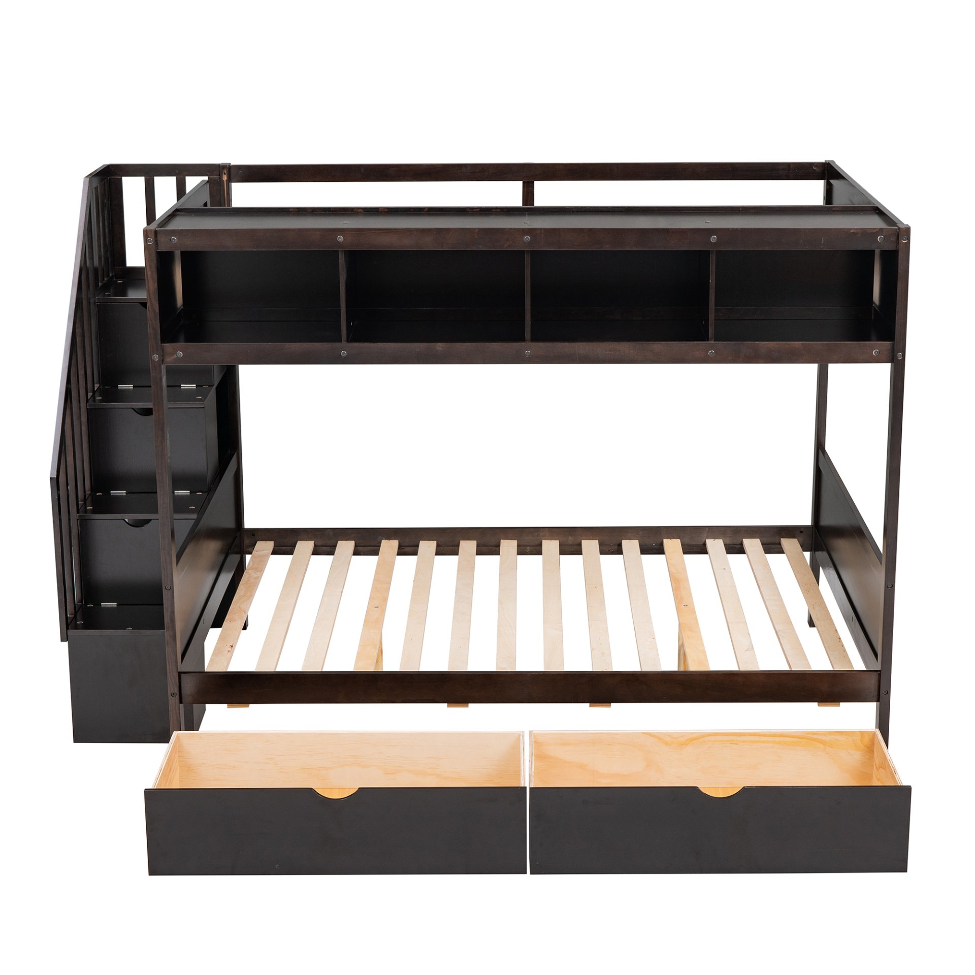 Twin Over Full Bunk Bed With Shelfs, Storage Staircase And 2 Drawers - Espresso - Image 5