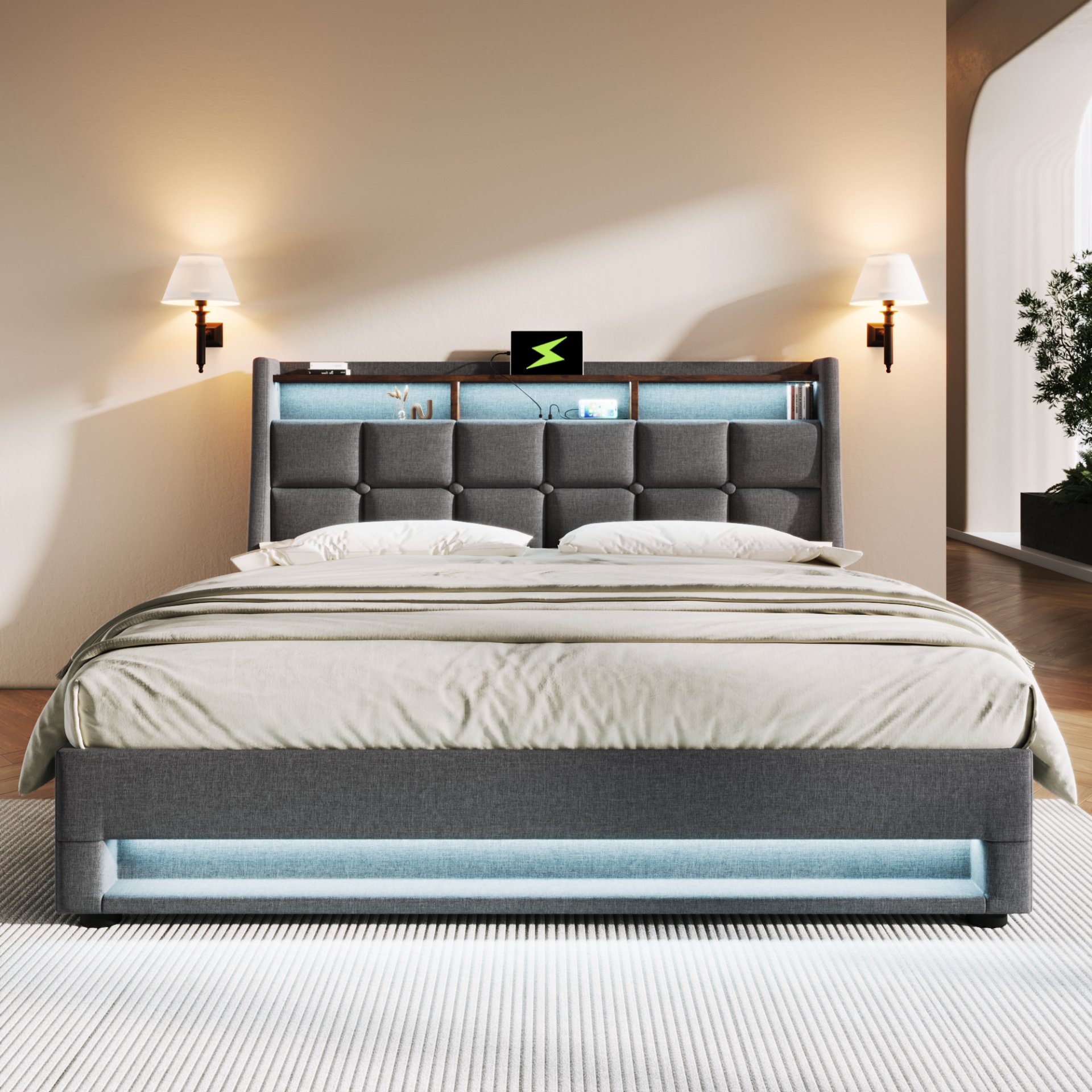 Full Size Upholstered Platform Bed With A Hydraulic Storage System, LED And USB Charging (Without Mattress) - Gray - Image 7