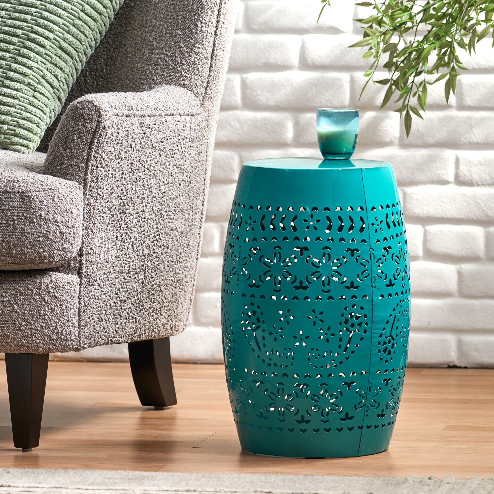 Outdoor Lace Cut Side Table - Teal - Image 2