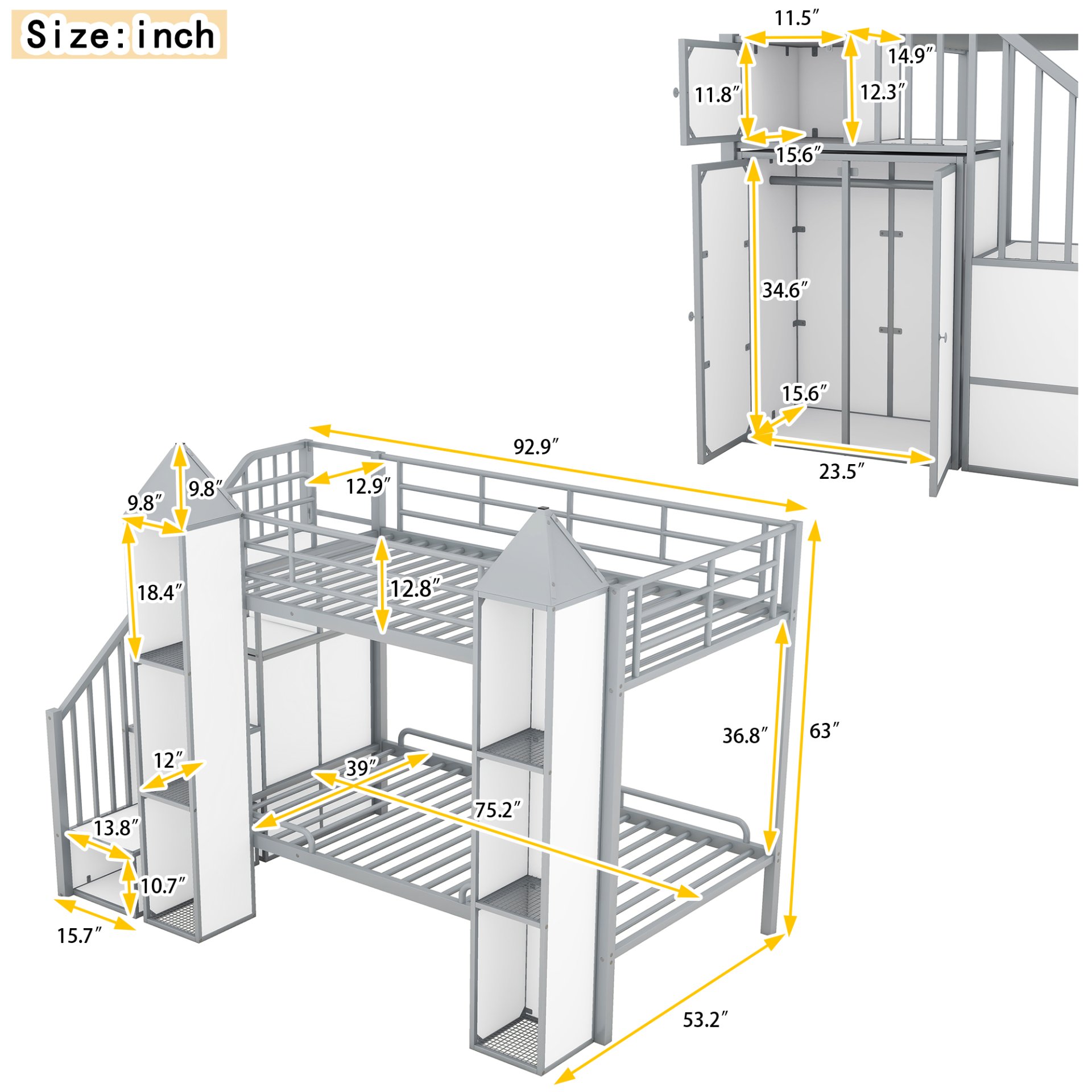 Metal Twin Over Twin Castle-Shaped Bunk Bed With Wardrobe And Multiple Storage - Gray / White - Image 3