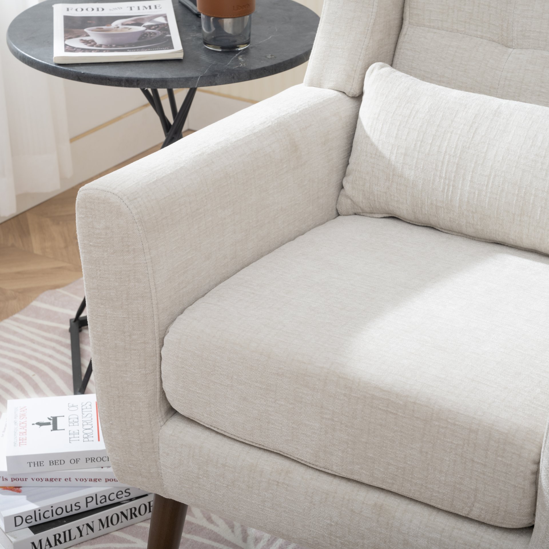 Modern Accent Chair Upholstered Foam Filled Living Room Chairs Comfy Reading Chair Mid-Century Modern Chair With Chenille Fabric Lounge Arm Chairs Armchair For Living Room Bedroom - Beige - Image 5