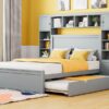 Full Size Bed With All In One Cabinet, Shelf And Sockets, Twin Size Trundle - Gray - Image 16