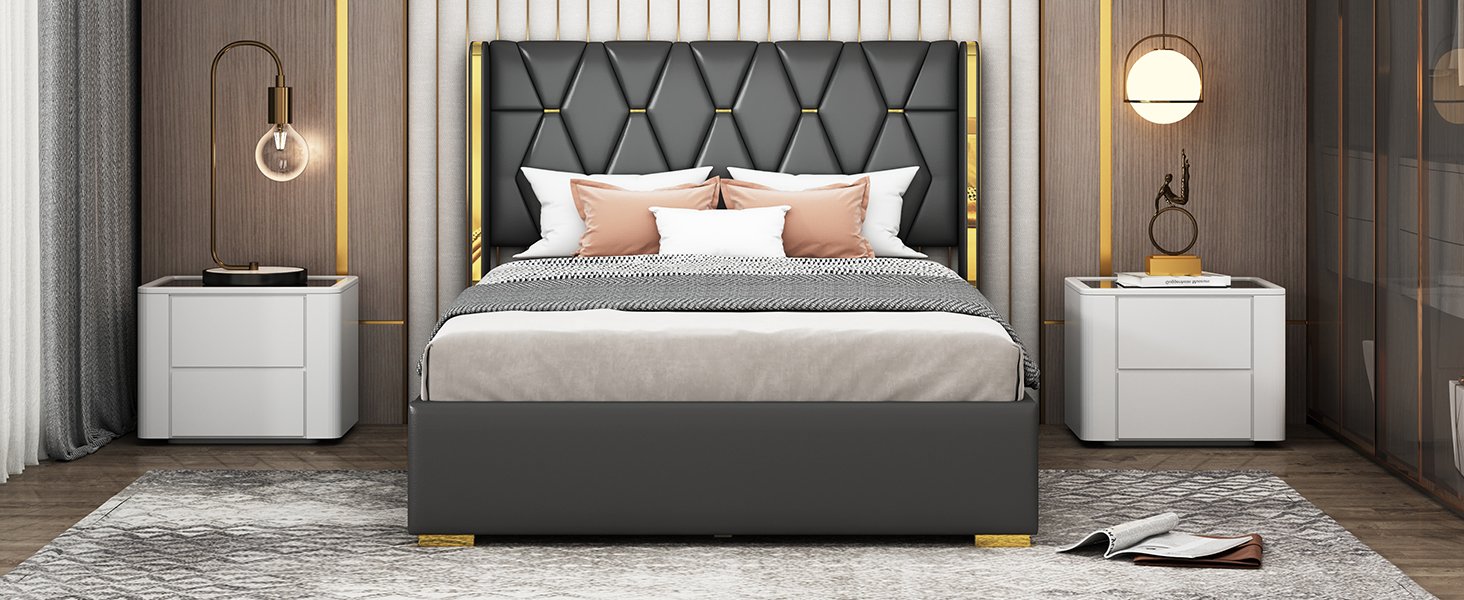 Full Size Upholstered Platform Bed With Strips - Black - Image 17