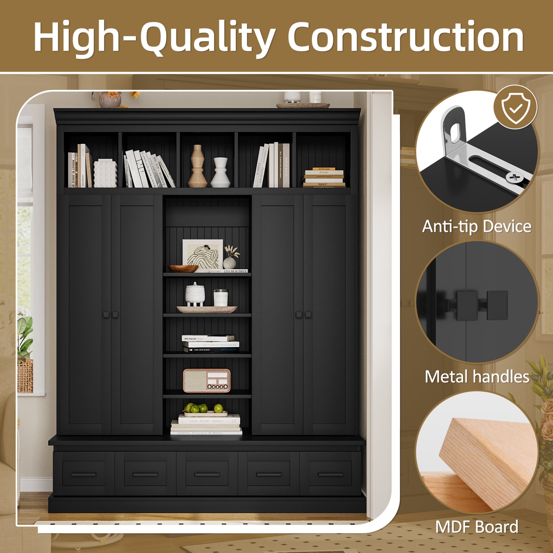 Hall Tree With Bench And 5 Storage Cubbies, Modern Entryway Storage Organizer Cabinet With 4 Doors, 5 Drawers And Adjustable Shelves For Hallway, Entryway, Living Room - Black - Image 8