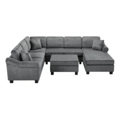 U Shaped Sectional Sofa Chenille Upholstered With Movable Storage Ottoman - Dark Gray