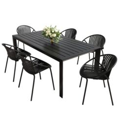Modern Metal And Polypropylene 7 Piece Outdoor Dining Set With Stackable Chairs - Black
