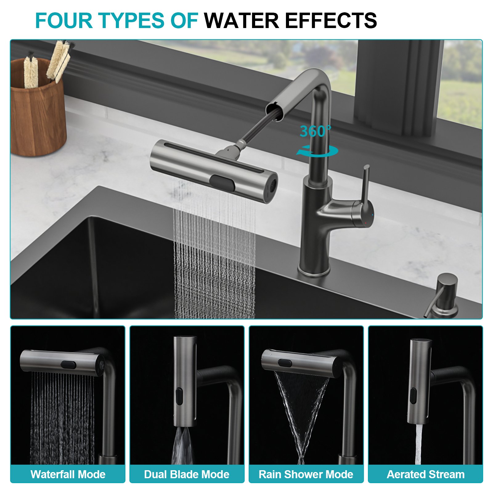 30" Drop In Kitchen Sink With Pull Out Faucet And Soap Dispenser 16 Gauge T 304 Single Bowl Topmount Sink - Gunmetal Black - Image 8