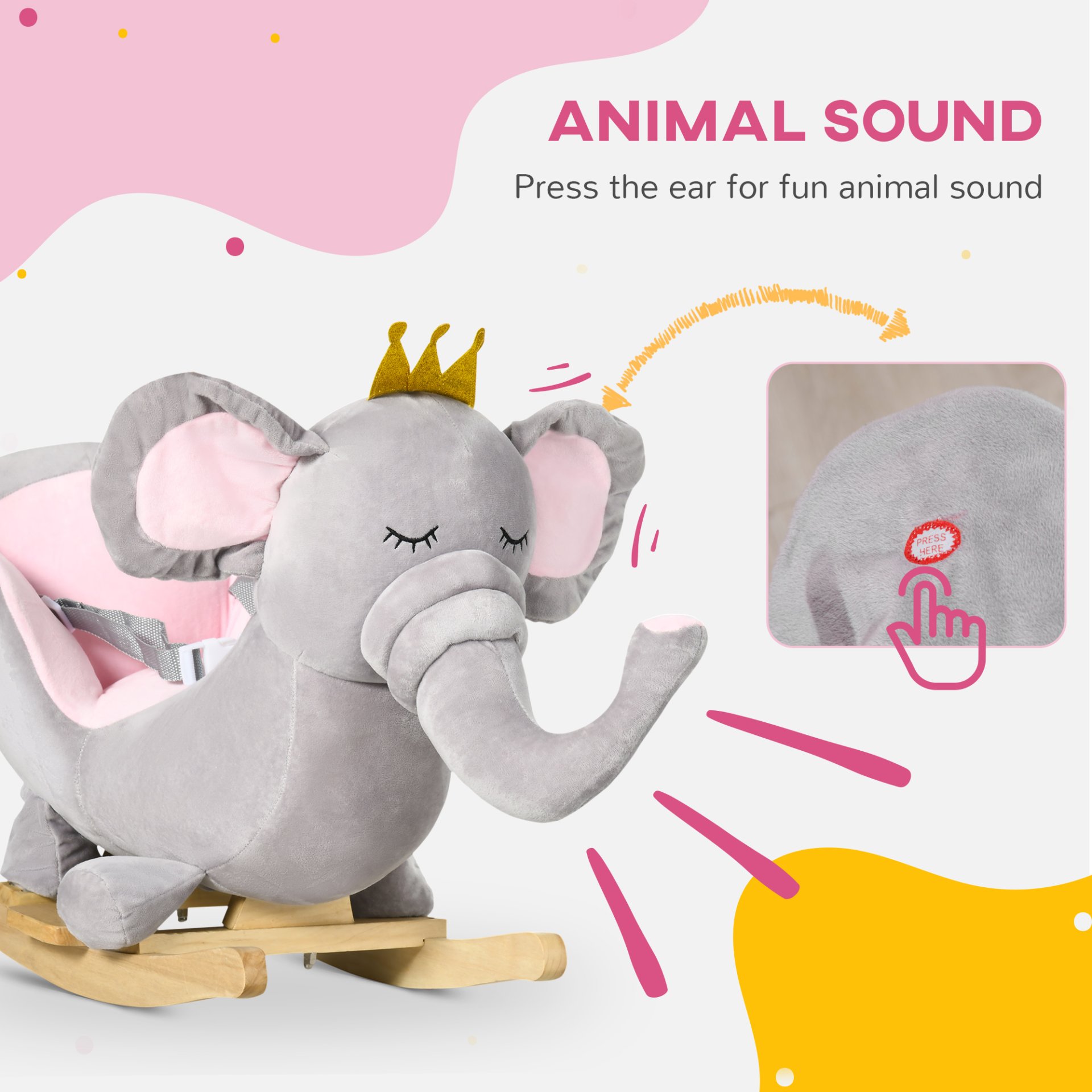 Qaba - Baby Rocking Horse Elephant Rocking Chair Toddler Rocker Toy With Sound Wooden Base Seat Safety Belt For 1.5-3 Year Old - Gray - Image 9