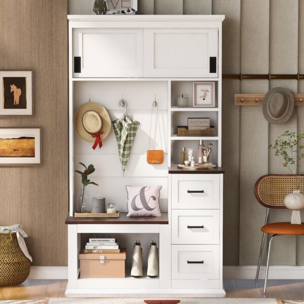 Modern Entryway Bench With Coat Rack, 3 Shelves And Drawers, 3 Sturdy Hooks, Wide Hall Tree With Storage Bench For Hallway - White