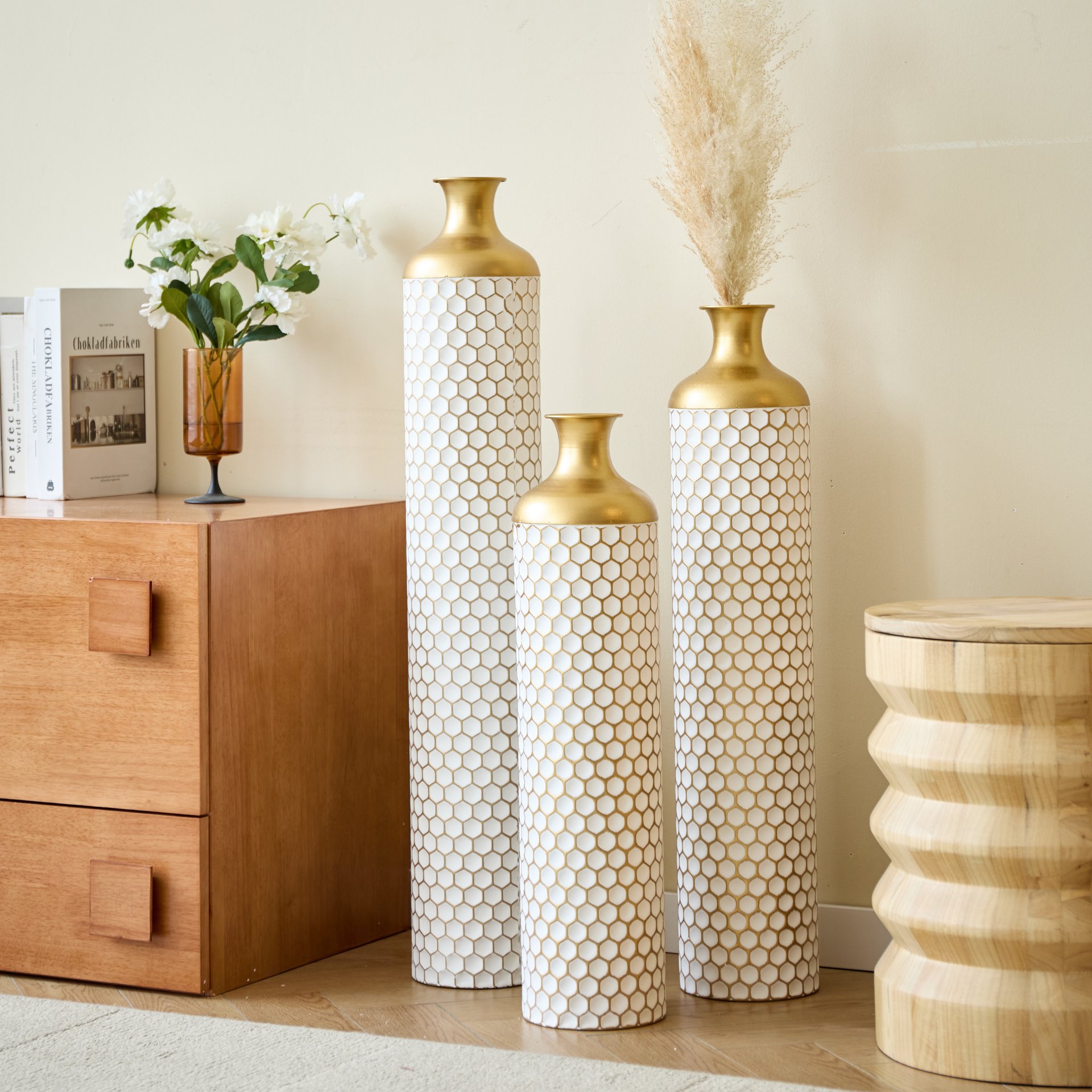 3 Piece Set Gorgeous Home Decoration Large Glazed Floor Vase Decoration Home Droplet Shaped - Gold / White - Image 13