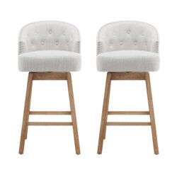 Swivel Counter Stools (Set of 2), Upholstered Counter Height Bar Stools With Solid Rubber Wood Frame, Backrest, Footrest, Armless Barstools For Home Bar, Kitchen Counter - Natural / Beige