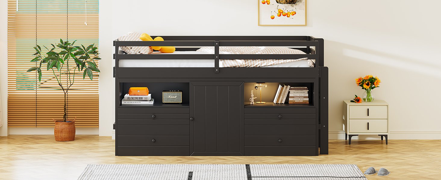 Twin Size Loft Bed With 4 Drawers, Underneath Cabinet And Shelves - Espresso - Image 16