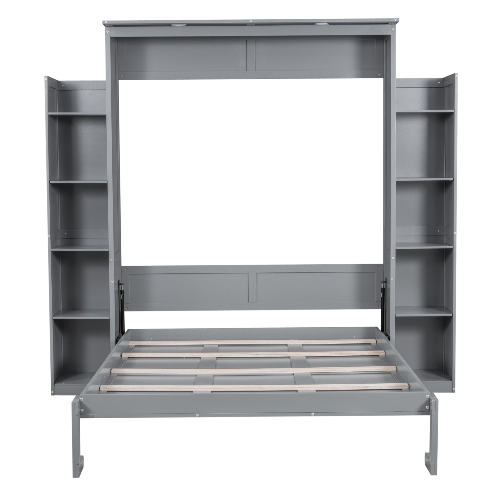 Queen Size Murphy Wall Bed With Shelves And LED Lights - Gray - Image 7
