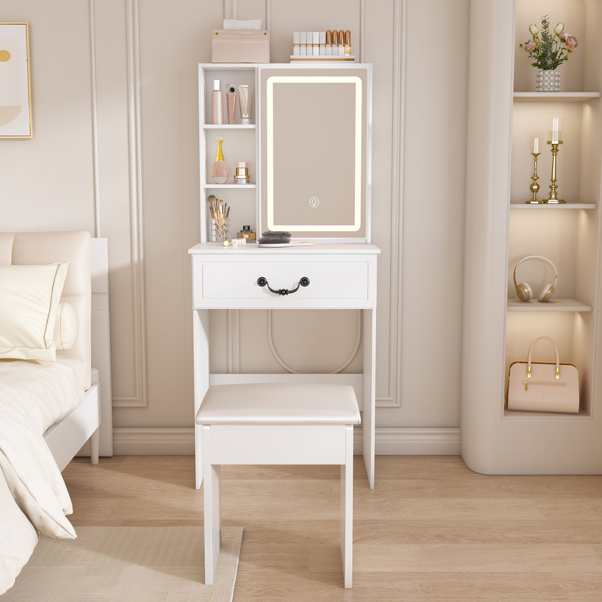 Modern Mini Dressing Table With Led-Lit Mirror & Hidden Storage, Adjustable Brightness Vanity Desk - White - Image 2