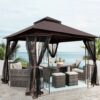 10 X 10 Ft Patio Gazebo Tent With Ventilated Double Roof And Mosquito Net - Brown - Image 8