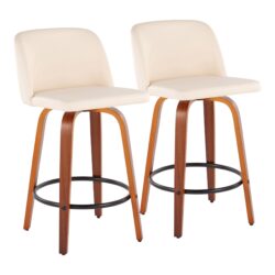 Toriano - Mid-Century Modern Fixed-Height Counter Stool With Round Footrest (Set of 2) - Walnut / Cream