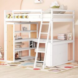 Full Size Loft Bed With Ladder, Shelves, And Desk - White