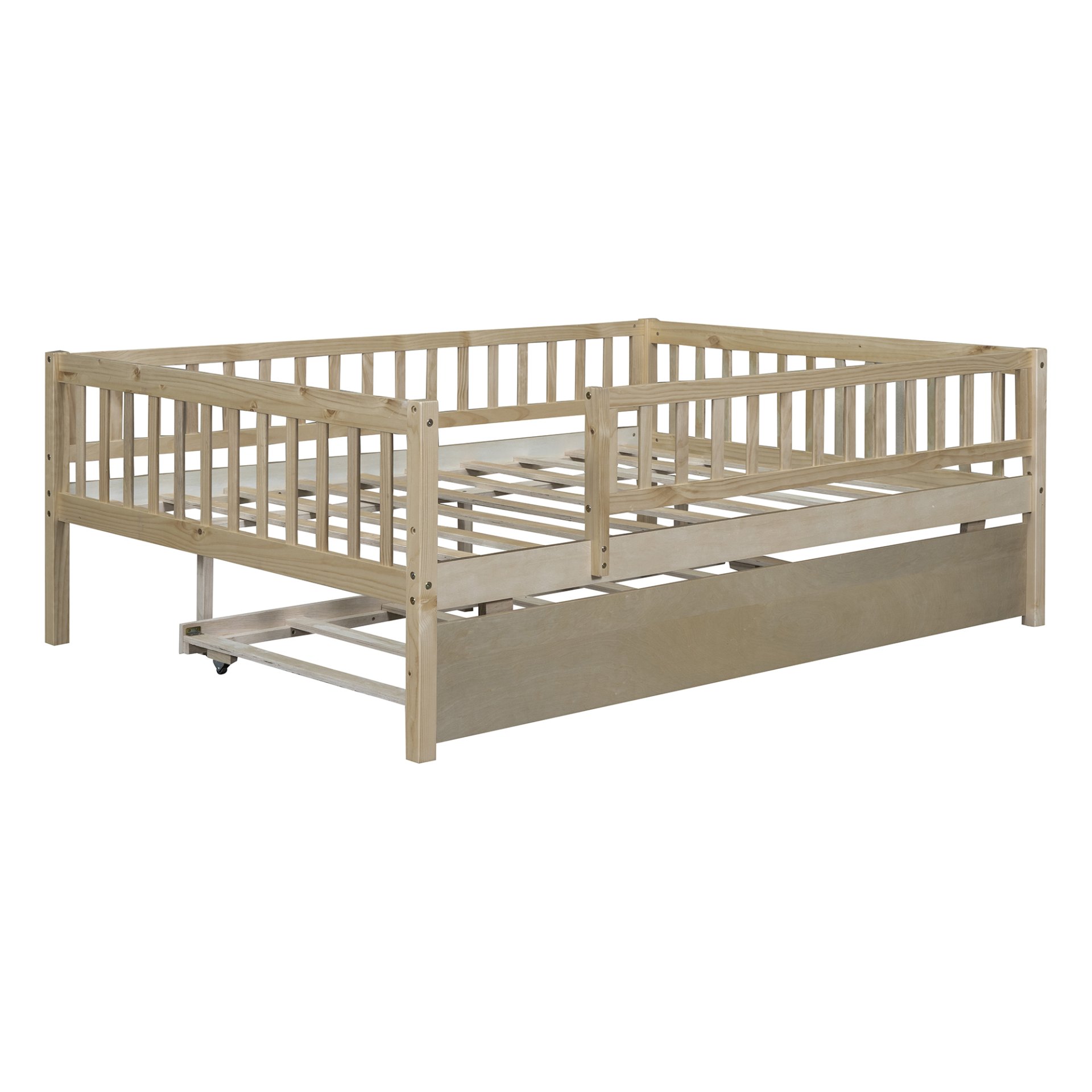 Full Size Daybed With Trundle And Fence Guardrails - Natural - Image 4