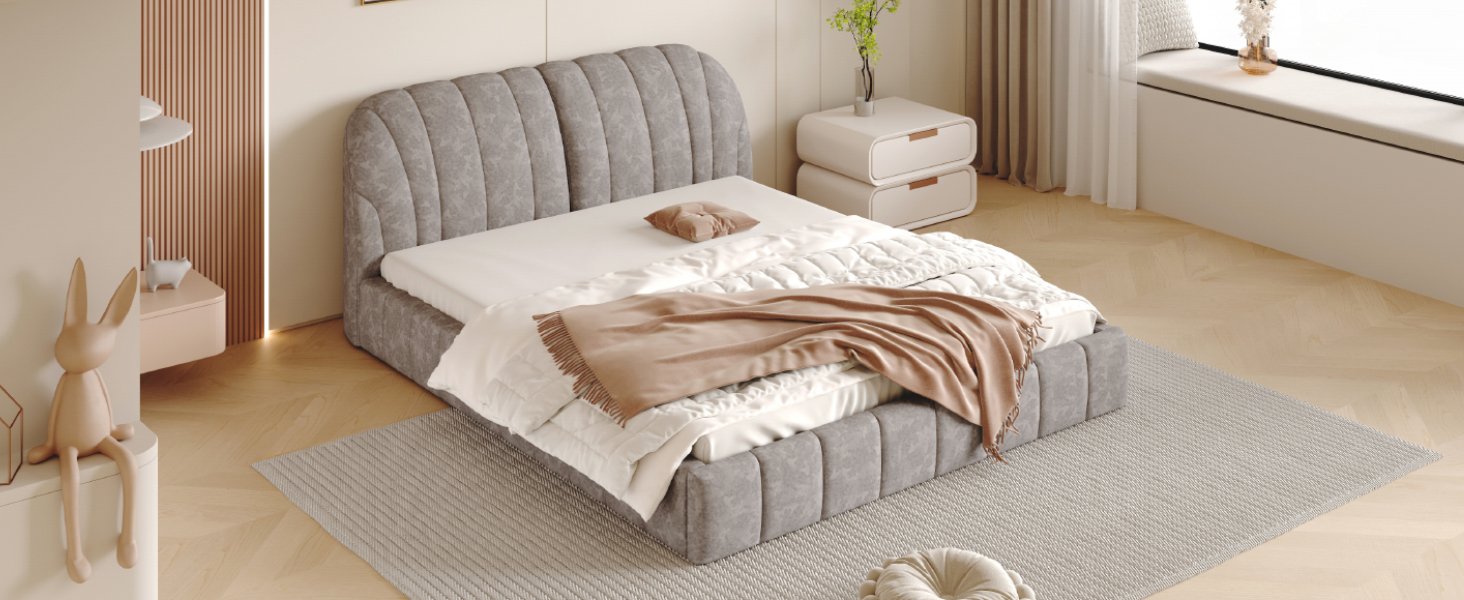 Queen Size Upholstered Platform Bed, Polyester - Gray - Image 17